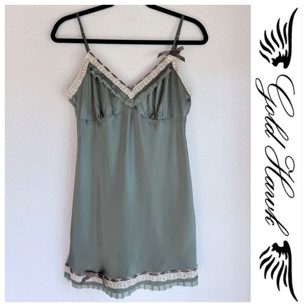 NEW Gold Hawk 100% Silk Lace & Ribbon Trimmed Tunic Camisole in Thyme Green Sz M